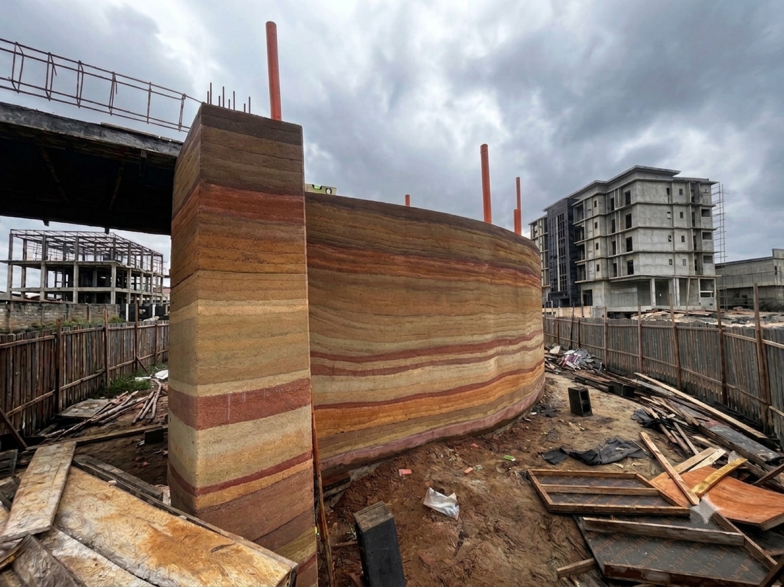 Curved rammed earth wall under construction in Port Harcourt